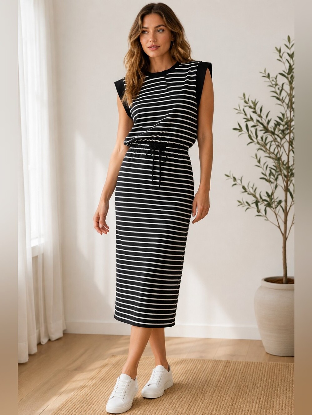 HYFVE Black White Striped Matching Set Medium Sleeveless Top & Midi Skirt